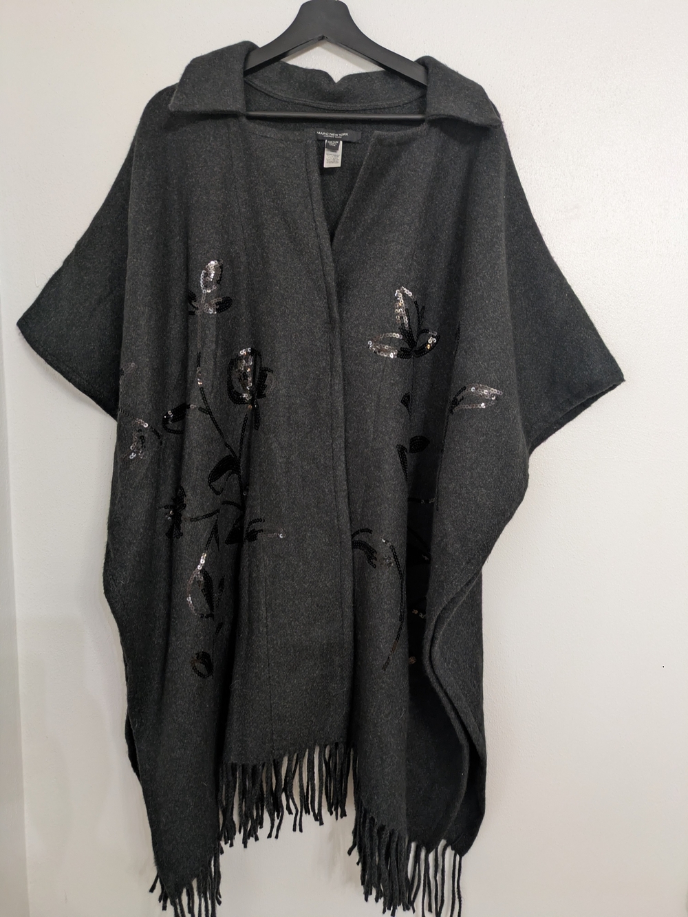Marc New York Dark Gray Sequin Floral Fringe Cape